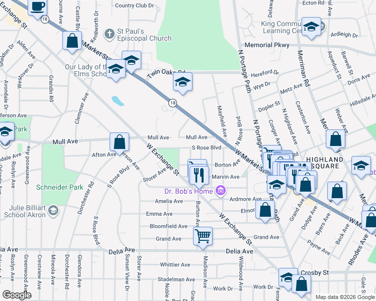 map of restaurants, bars, coffee shops, grocery stores, and more near 82 Dick Avenue in Akron