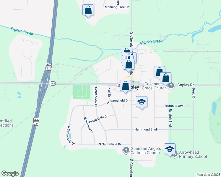 map of restaurants, bars, coffee shops, grocery stores, and more near 1459 Karl Drive in Akron
