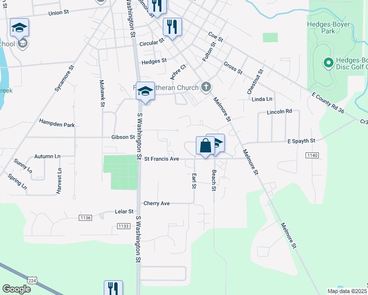 map of restaurants, bars, coffee shops, grocery stores, and more near 1-149 St Francis Ave in Tiffin