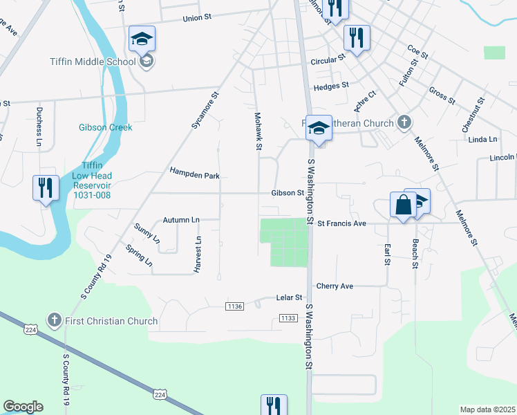 map of restaurants, bars, coffee shops, grocery stores, and more near 240 Mohawk Street in Tiffin