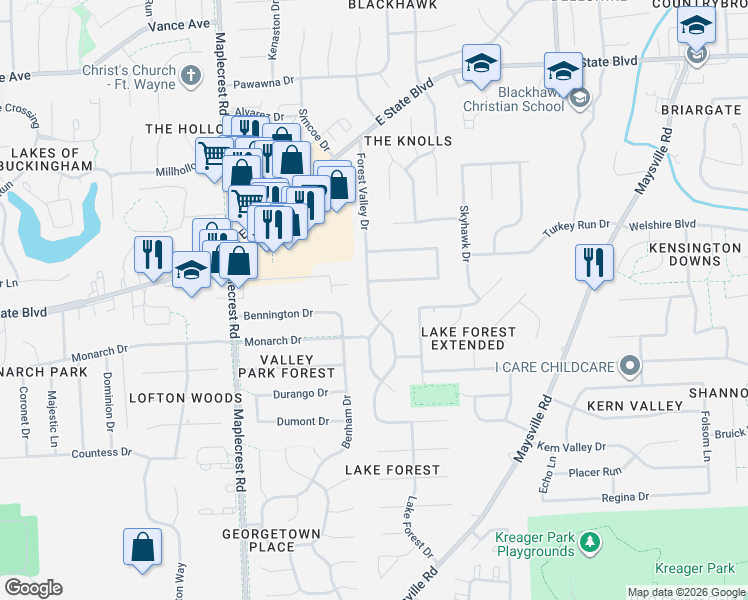 map of restaurants, bars, coffee shops, grocery stores, and more near 2021 Forest Valley Drive in Fort Wayne