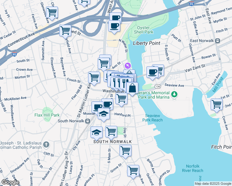 map of restaurants, bars, coffee shops, grocery stores, and more near in Norwalk