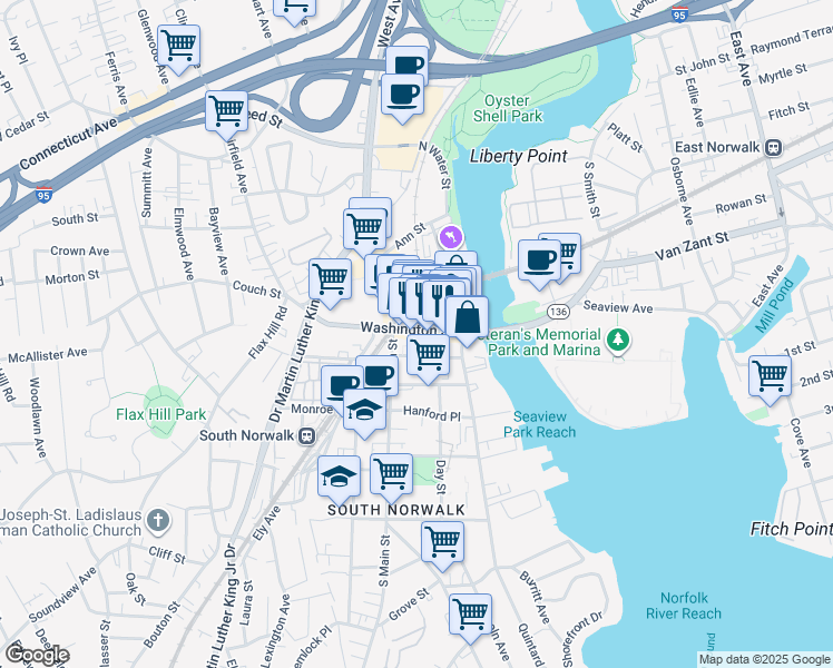 map of restaurants, bars, coffee shops, grocery stores, and more near in Norwalk