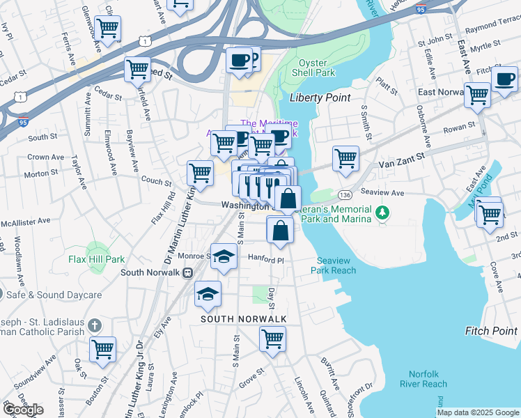 map of restaurants, bars, coffee shops, grocery stores, and more near 102 Washington Street in Norwalk