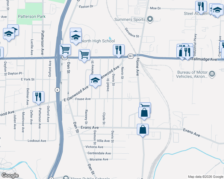 map of restaurants, bars, coffee shops, grocery stores, and more near 904 Davis Street in Akron
