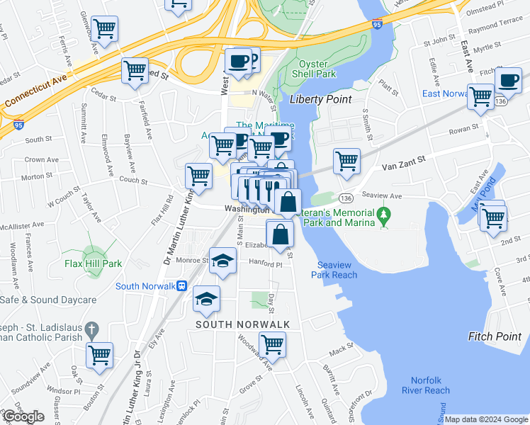 map of restaurants, bars, coffee shops, grocery stores, and more near 134 Washington Street in Norwalk
