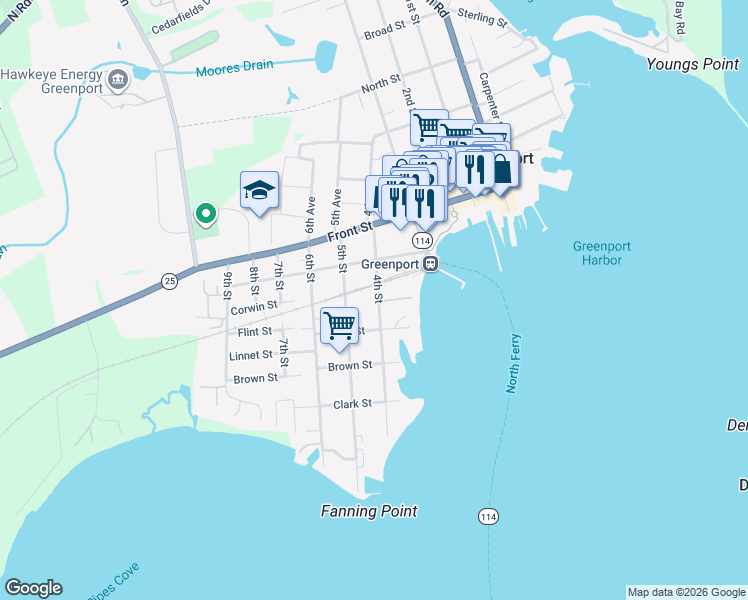 map of restaurants, bars, coffee shops, grocery stores, and more near 421 4th Street in Greenport