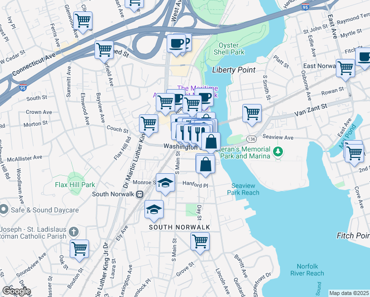 map of restaurants, bars, coffee shops, grocery stores, and more near 94 Washington Street in Norwalk