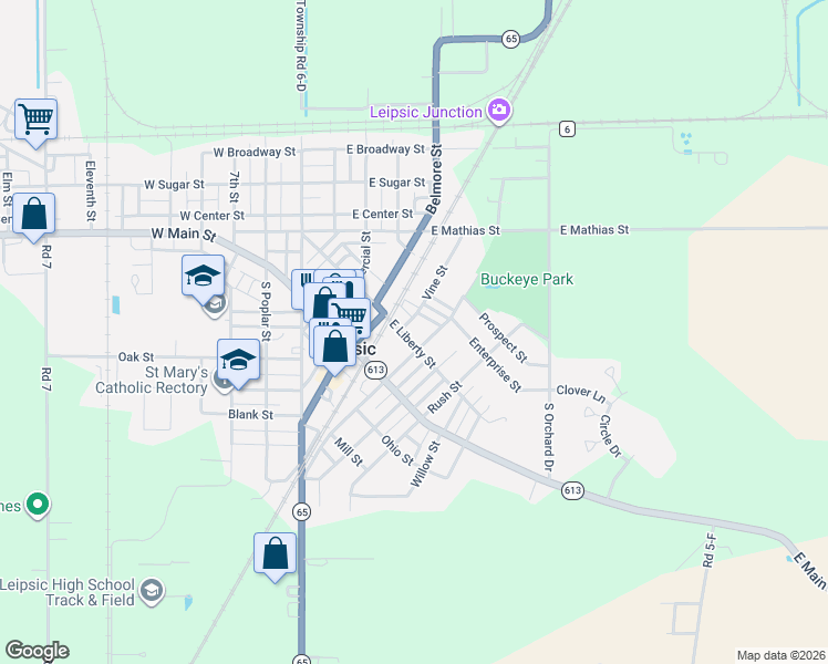 map of restaurants, bars, coffee shops, grocery stores, and more near 333 East Liberty Street in Leipsic