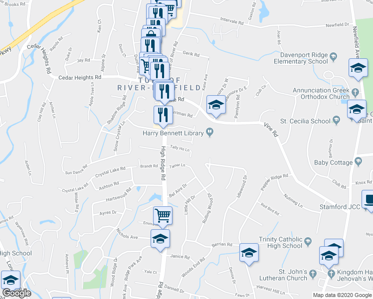 map of restaurants, bars, coffee shops, grocery stores, and more near 64 Tally Ho Ln in Stamford