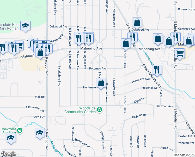 map of restaurants, bars, coffee shops, grocery stores, and more near 146 South Main Street in Youngstown