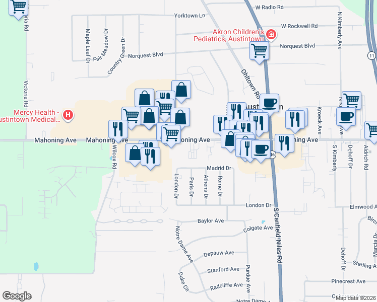 map of restaurants, bars, coffee shops, grocery stores, and more near 5805 Mahoning Avenue in Youngstown