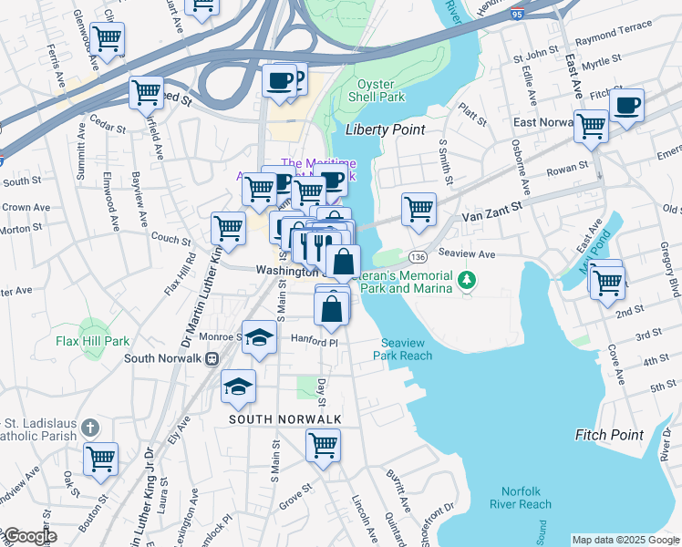 map of restaurants, bars, coffee shops, grocery stores, and more near 33 Water Street in Norwalk