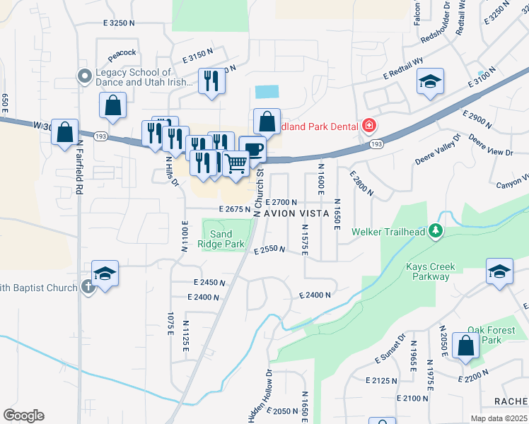 map of restaurants, bars, coffee shops, grocery stores, and more near 2655 North 1450 East in Layton