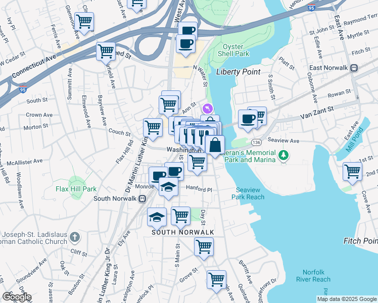 map of restaurants, bars, coffee shops, grocery stores, and more near in Norwalk