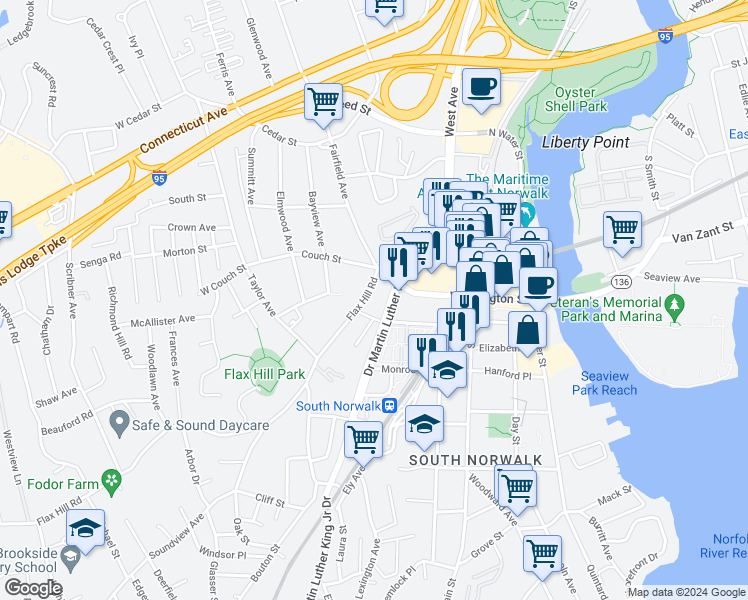 map of restaurants, bars, coffee shops, grocery stores, and more near 144 Flax Hill Road in Norwalk