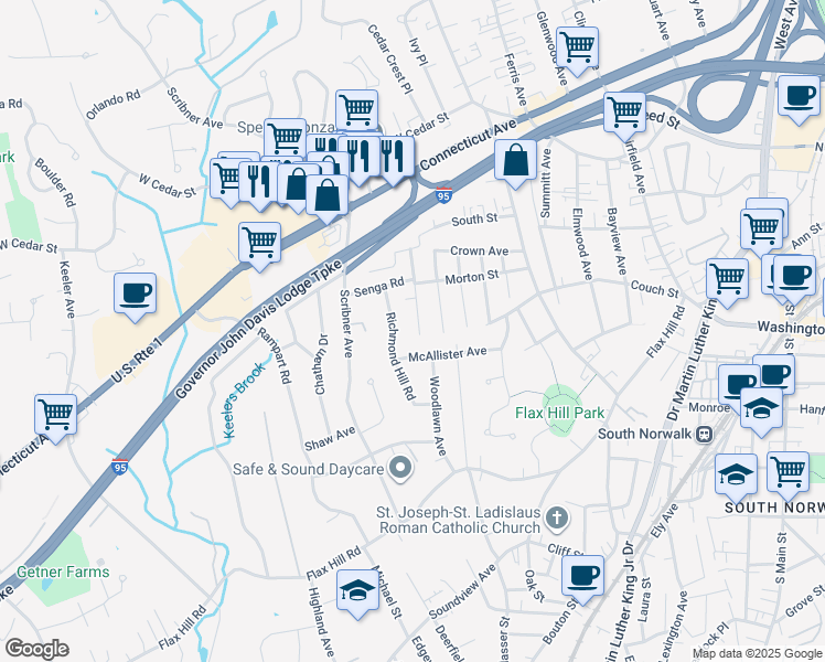 map of restaurants, bars, coffee shops, grocery stores, and more near 30 Richmond Hill Road in Norwalk