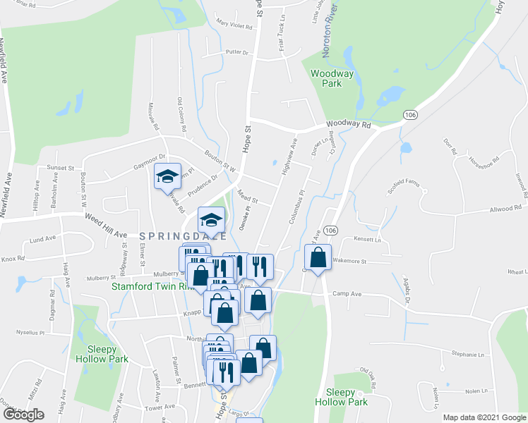map of restaurants, bars, coffee shops, grocery stores, and more near 95 Highview Avenue in Stamford
