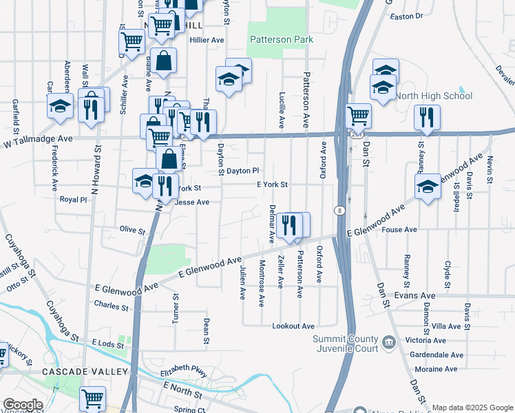 map of restaurants, bars, coffee shops, grocery stores, and more near 513 Julien Circle in Akron