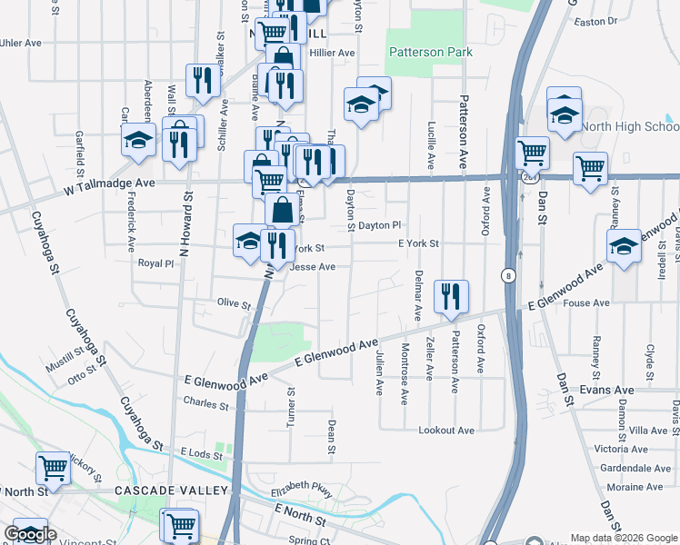 map of restaurants, bars, coffee shops, grocery stores, and more near 489 Butler Avenue in Akron