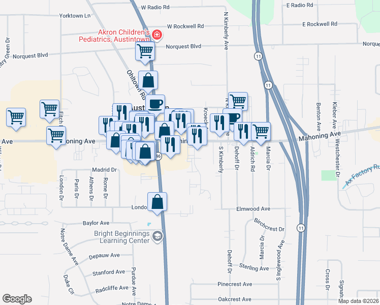 map of restaurants, bars, coffee shops, grocery stores, and more near 5437 Mahoning Avenue in Youngstown