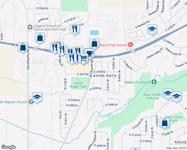 map of restaurants, bars, coffee shops, grocery stores, and more near 2687 North 1450 East in Layton