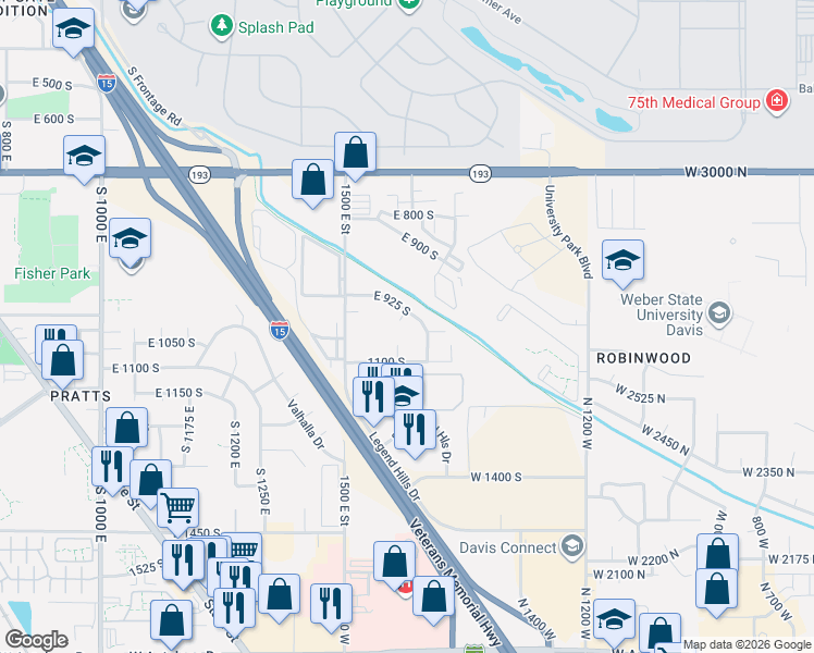 map of restaurants, bars, coffee shops, grocery stores, and more near 1612 East 925 South in Clearfield