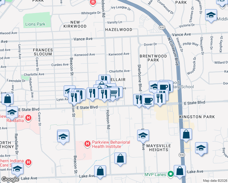 map of restaurants, bars, coffee shops, grocery stores, and more near 2409 White Oak Avenue in Fort Wayne