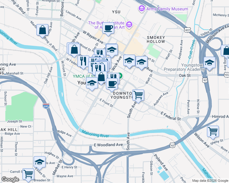 map of restaurants, bars, coffee shops, grocery stores, and more near 53 South Champion Street in Youngstown