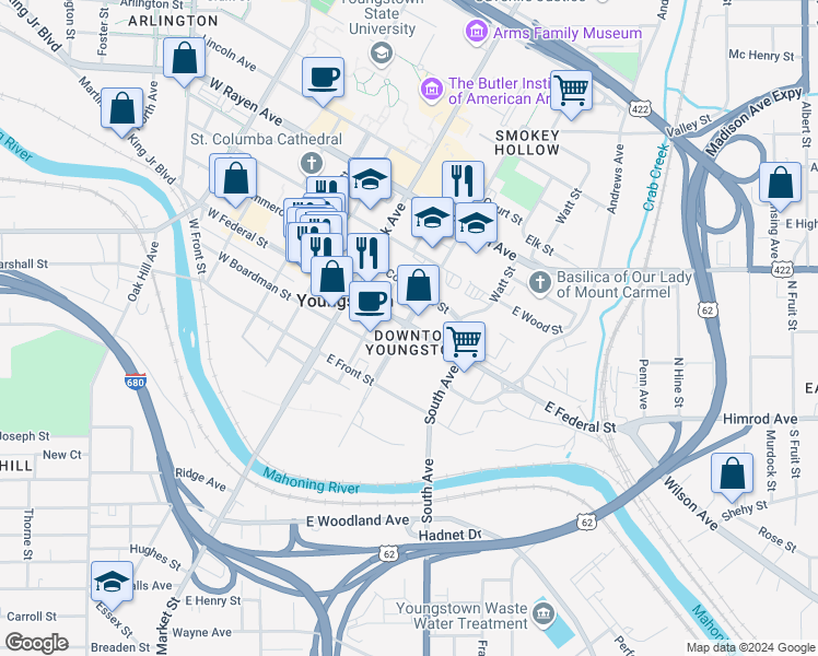 map of restaurants, bars, coffee shops, grocery stores, and more near 201 Federal Plaza East in Youngstown