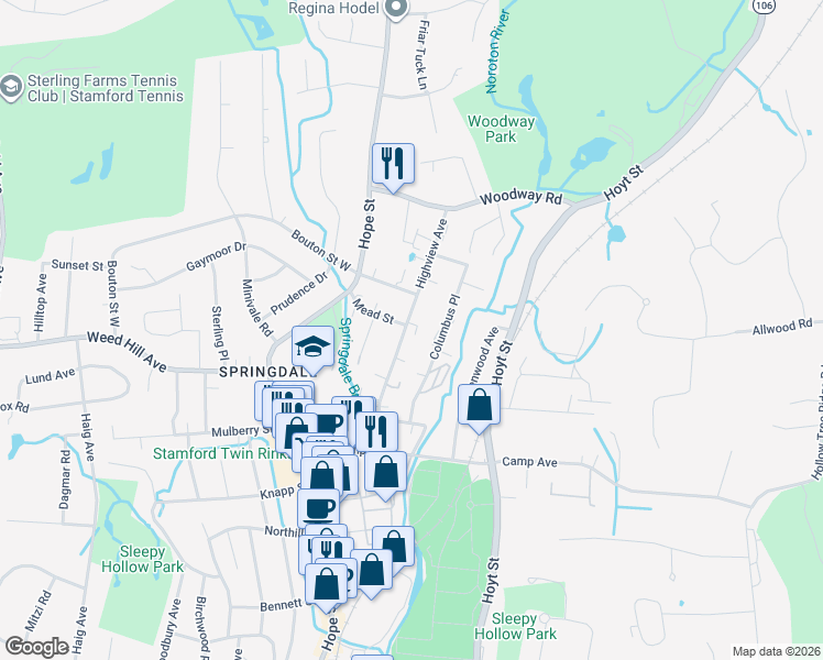 map of restaurants, bars, coffee shops, grocery stores, and more near 107 Highview Avenue in Stamford