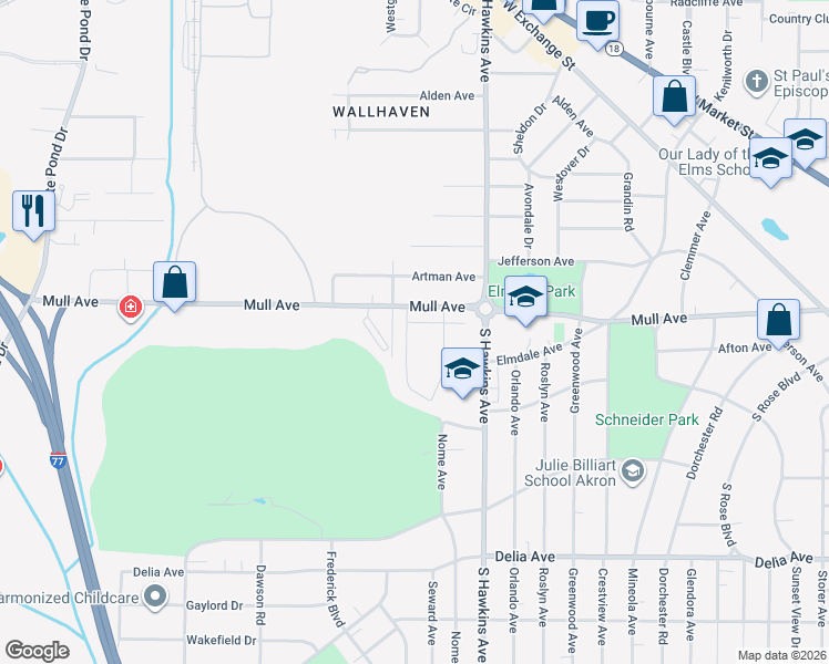 map of restaurants, bars, coffee shops, grocery stores, and more near 630 Mull Avenue in Akron