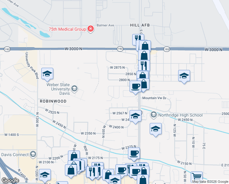 map of restaurants, bars, coffee shops, grocery stores, and more near N 530 W in Layton
