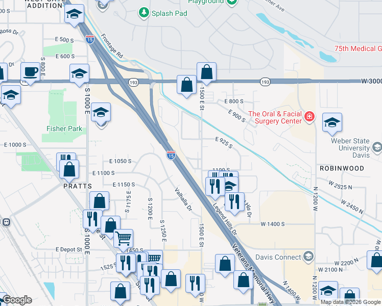 map of restaurants, bars, coffee shops, grocery stores, and more near 1080 South 1500 East in Clearfield
