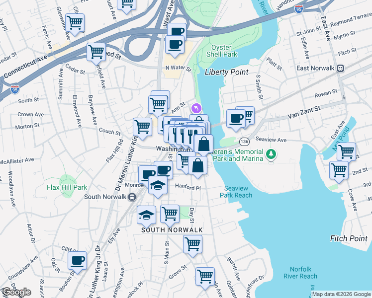 map of restaurants, bars, coffee shops, grocery stores, and more near 5 Haviland Street in Norwalk