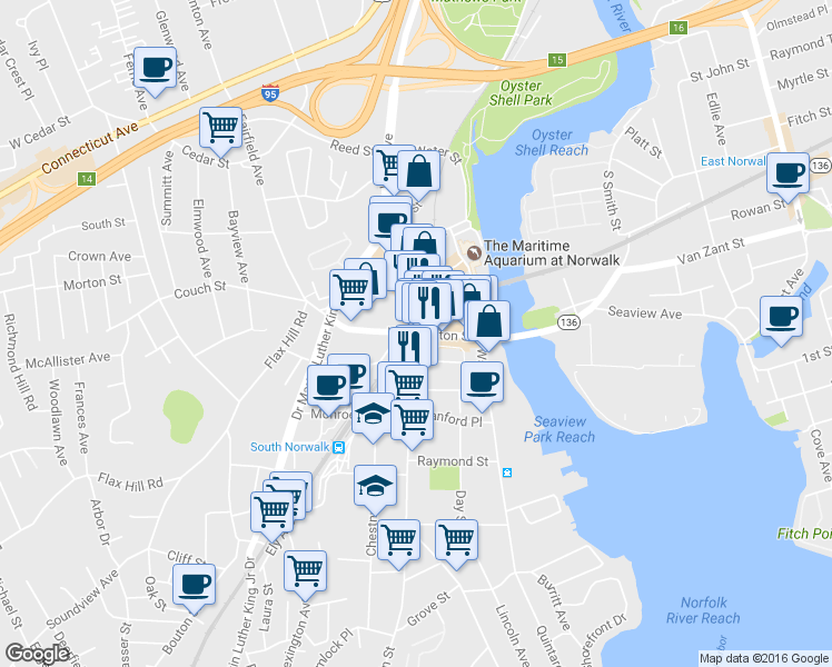map of restaurants, bars, coffee shops, grocery stores, and more near in Norwalk