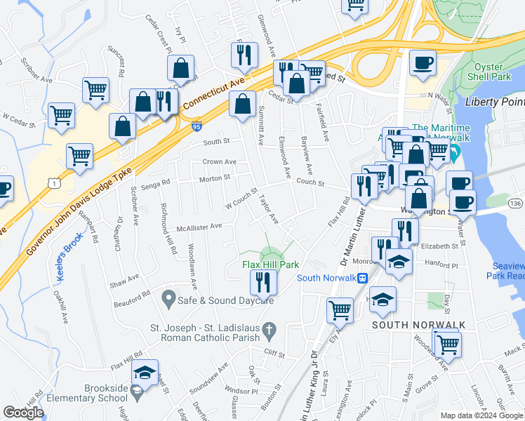 map of restaurants, bars, coffee shops, grocery stores, and more near 32 Taylor Avenue in Norwalk