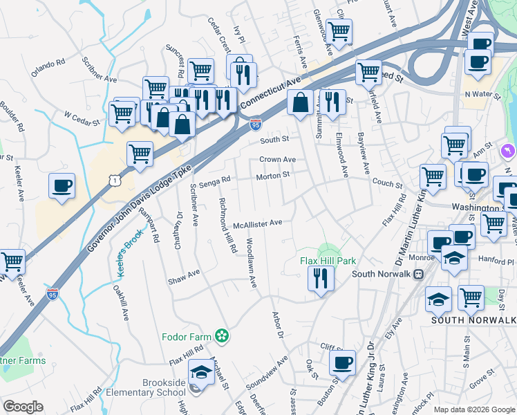 map of restaurants, bars, coffee shops, grocery stores, and more near 36 Avenue D in Norwalk