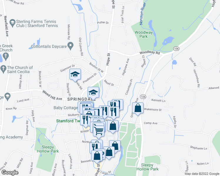 map of restaurants, bars, coffee shops, grocery stores, and more near 21 Oenoke Place in Stamford