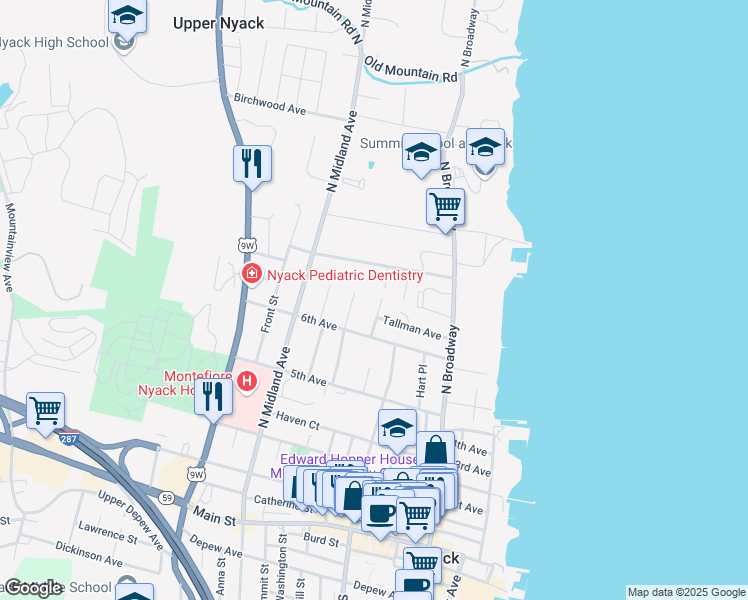 map of restaurants, bars, coffee shops, grocery stores, and more near 100 Tallman Avenue in Nyack