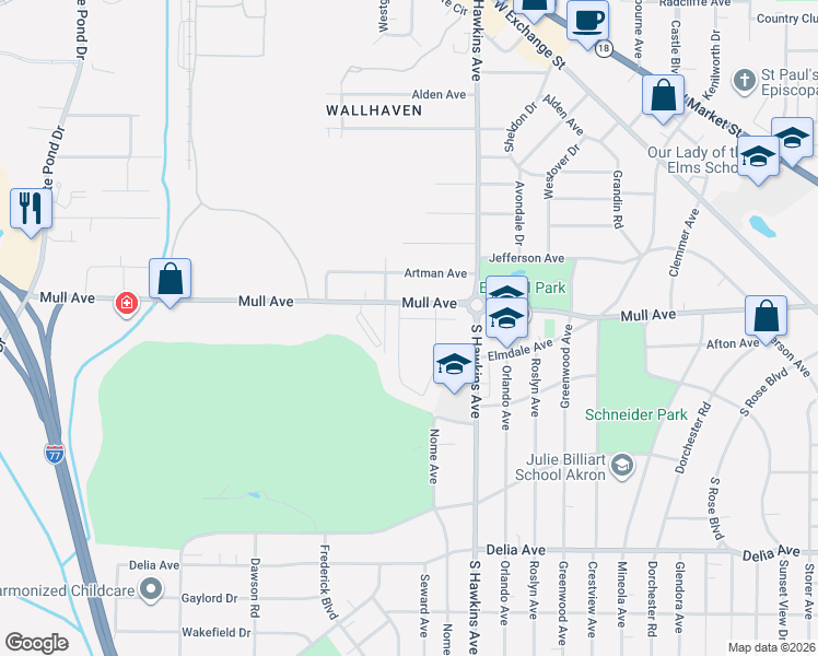 map of restaurants, bars, coffee shops, grocery stores, and more near 630 Mull Avenue in Akron
