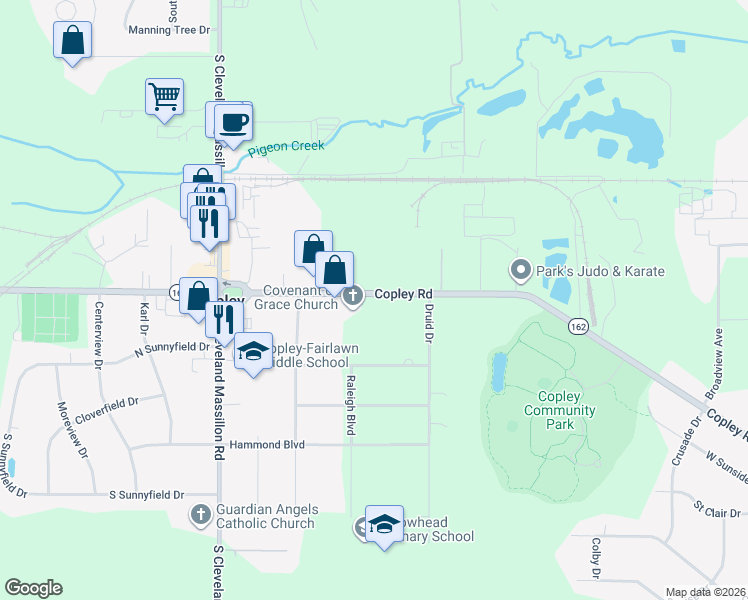 map of restaurants, bars, coffee shops, grocery stores, and more near 3390 Copley Road in Akron