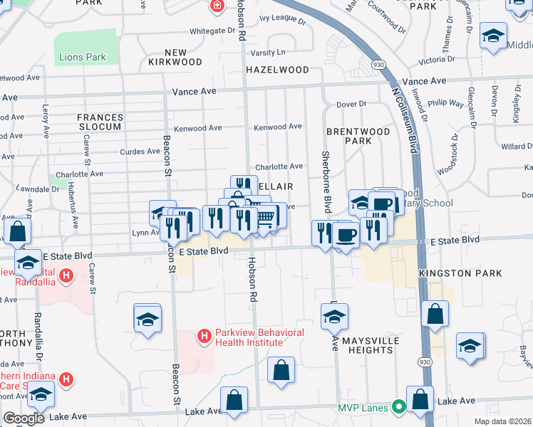 map of restaurants, bars, coffee shops, grocery stores, and more near 2409 White Oak Avenue in Fort Wayne