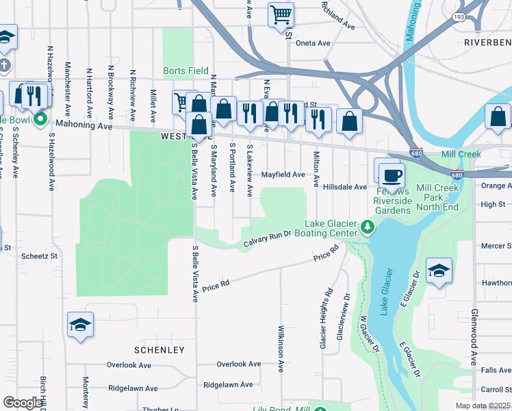 map of restaurants, bars, coffee shops, grocery stores, and more near 167 South Lakeview Avenue in Youngstown