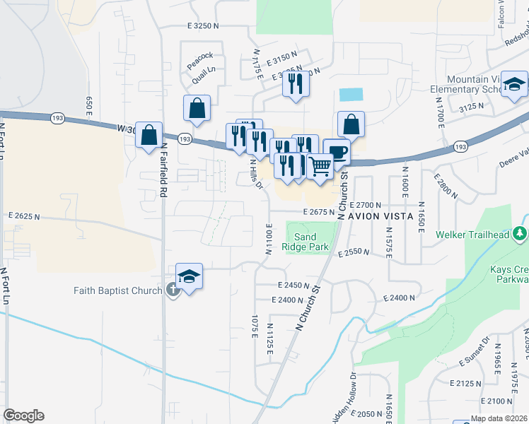 map of restaurants, bars, coffee shops, grocery stores, and more near 2673 North 1100 East in Layton