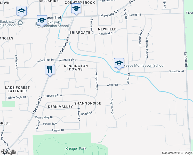 map of restaurants, bars, coffee shops, grocery stores, and more near 2301 Kerrigans Way in Fort Wayne