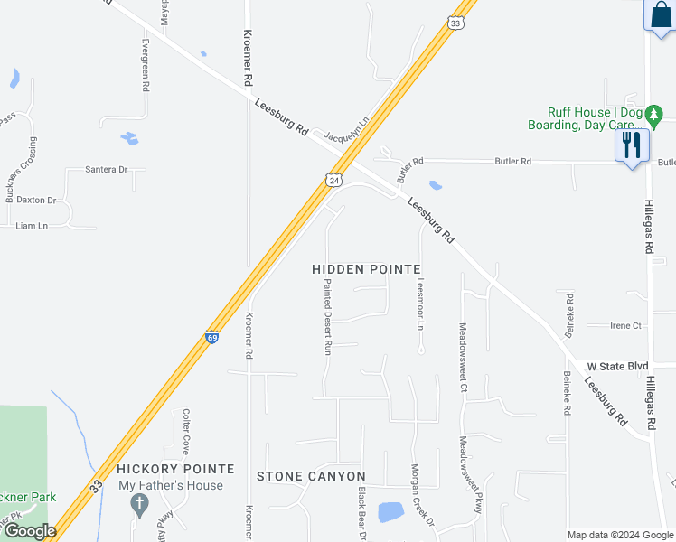 map of restaurants, bars, coffee shops, grocery stores, and more near 5029 Pocono Crossing in Fort Wayne