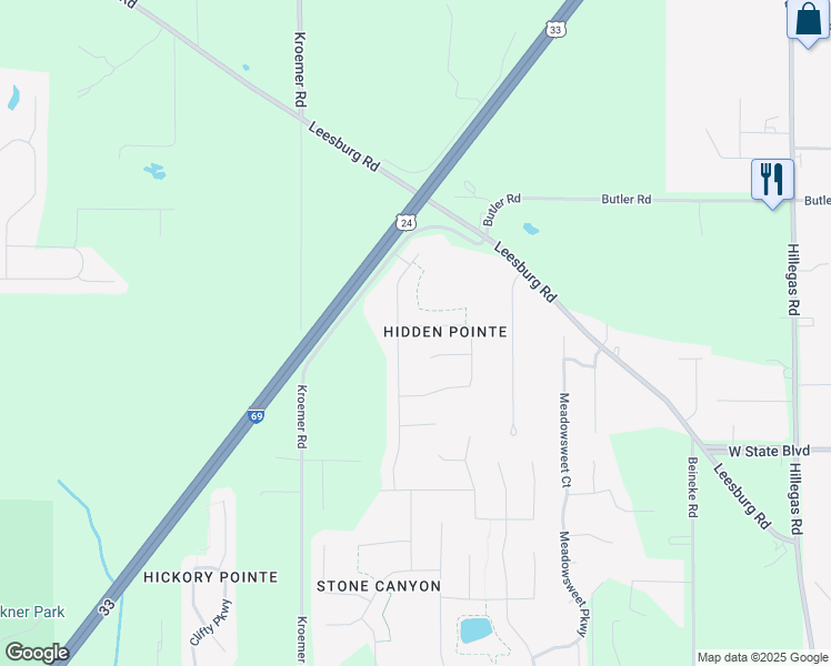 map of restaurants, bars, coffee shops, grocery stores, and more near 5023 Pocono Crossing in Fort Wayne