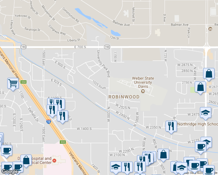 map of restaurants, bars, coffee shops, grocery stores, and more near 2750 University Park Boulevard in Clearfield