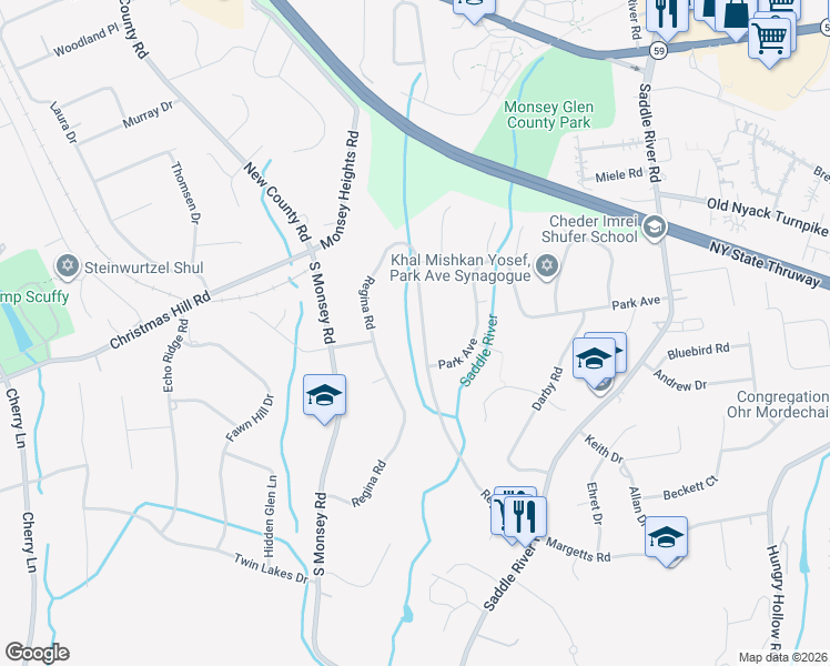 map of restaurants, bars, coffee shops, grocery stores, and more near 31 Regina Road in Airmont